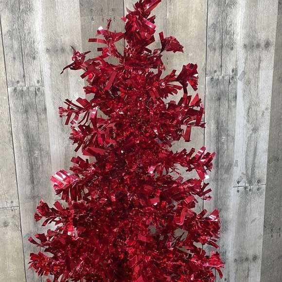 Red tinsel Christmas tree on a white metal base.  Approx 4’ tall. Light weight. - Picture 2 of 8